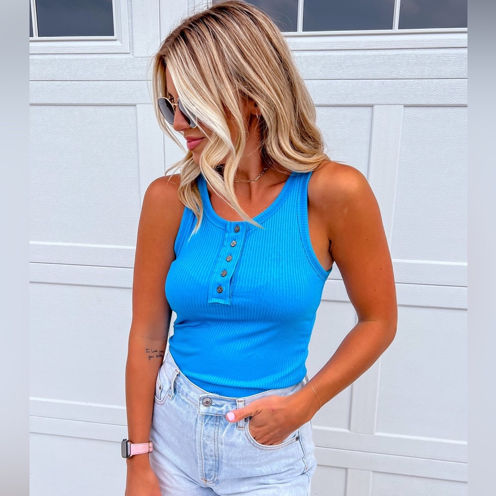 Sky Blue Ribbed Henley Tank Top
